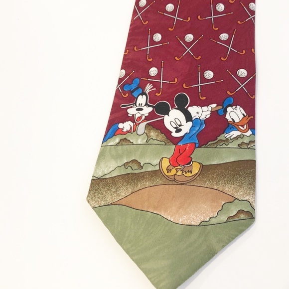 90's vintage Disney Unlimited maroon golf neck tie Mickey Mouse, Goofy, Donald - Picture 2 of 5